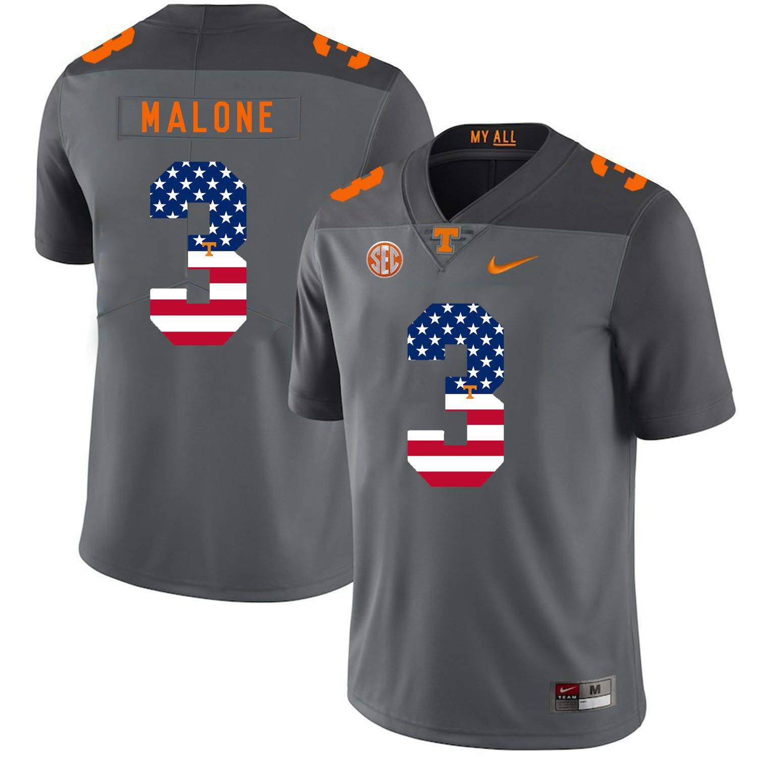 Men Tennessee Volunteers #3 Malone Grey Flag Customized NCAA Jerseys